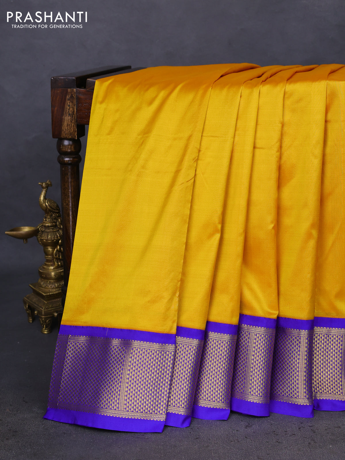 10 Yards silk saree mustard yellow and blue with plain body and zari woven border