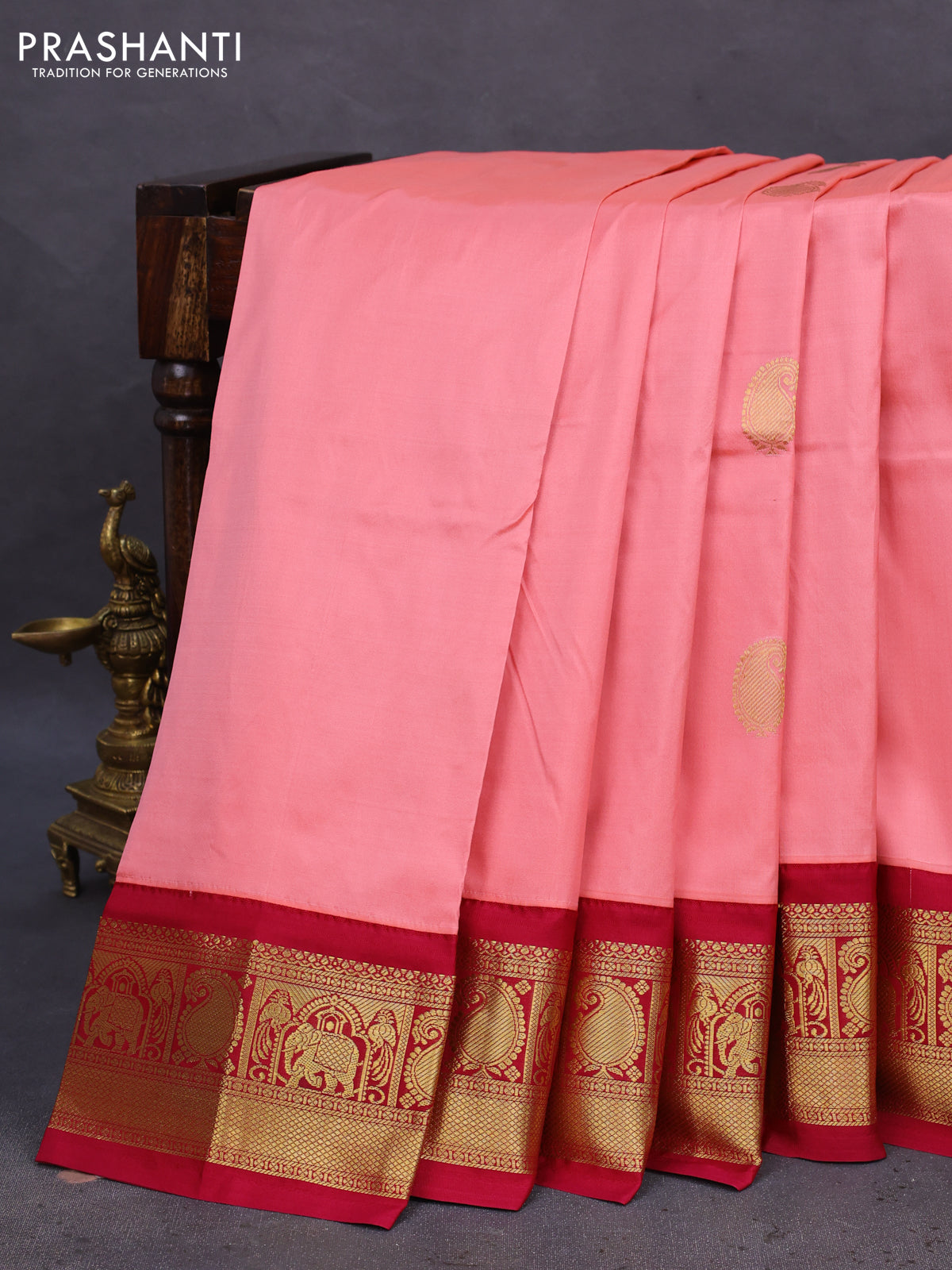 10 Yards silk saree peach orange and dark magenta pink with annam & paisley zari woven buttas and zari woven border