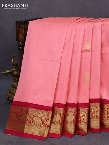 10 Yards silk saree peach orange and dark magenta pink with annam & paisley zari woven buttas and zari woven border
