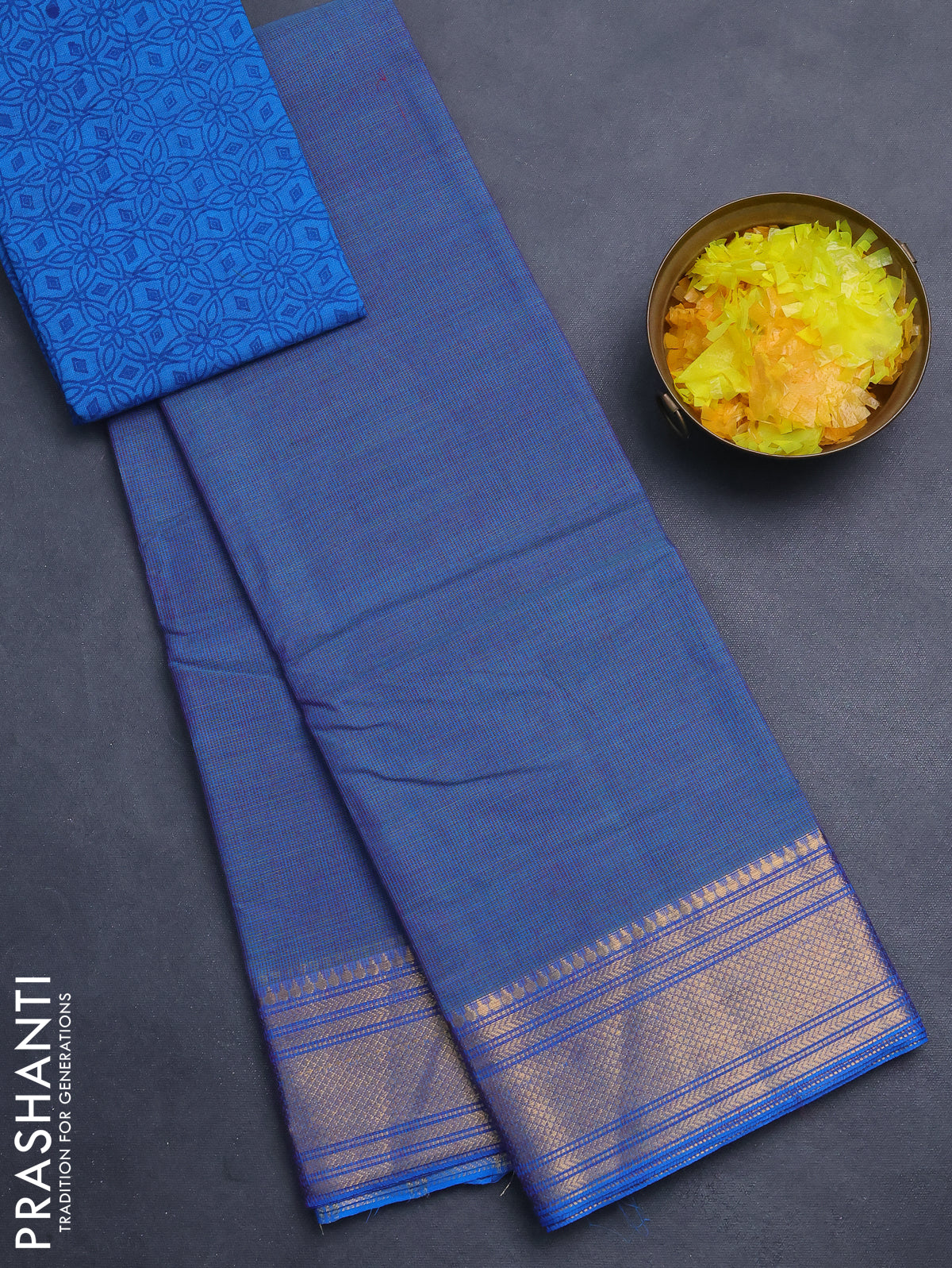Chettinad cotton saree blue and cs blue with allover small checked pattern and zari woven border