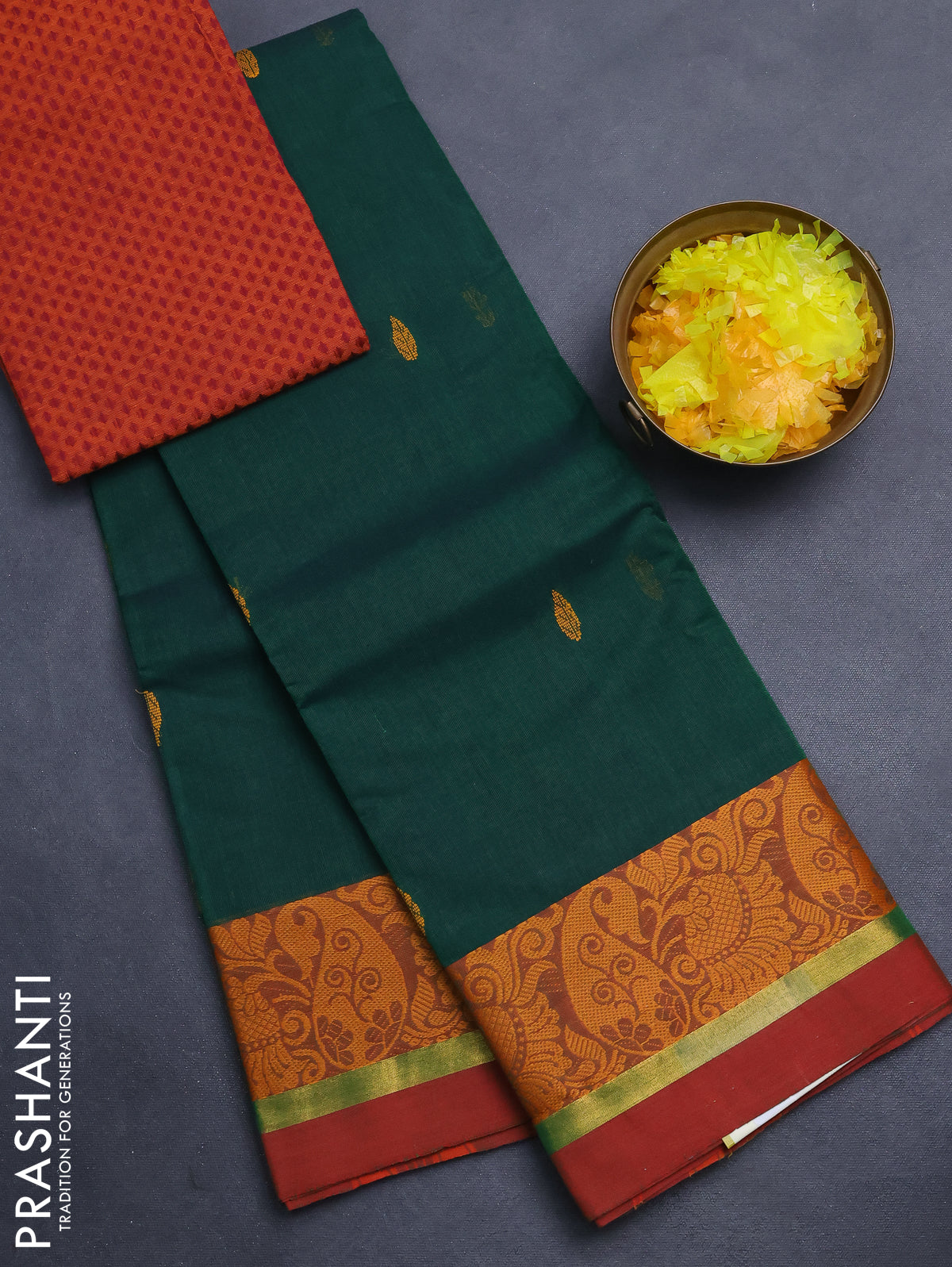 Chettinad cotton saree dark green and sunset orange with thread woven buttas and thread & zari woven border