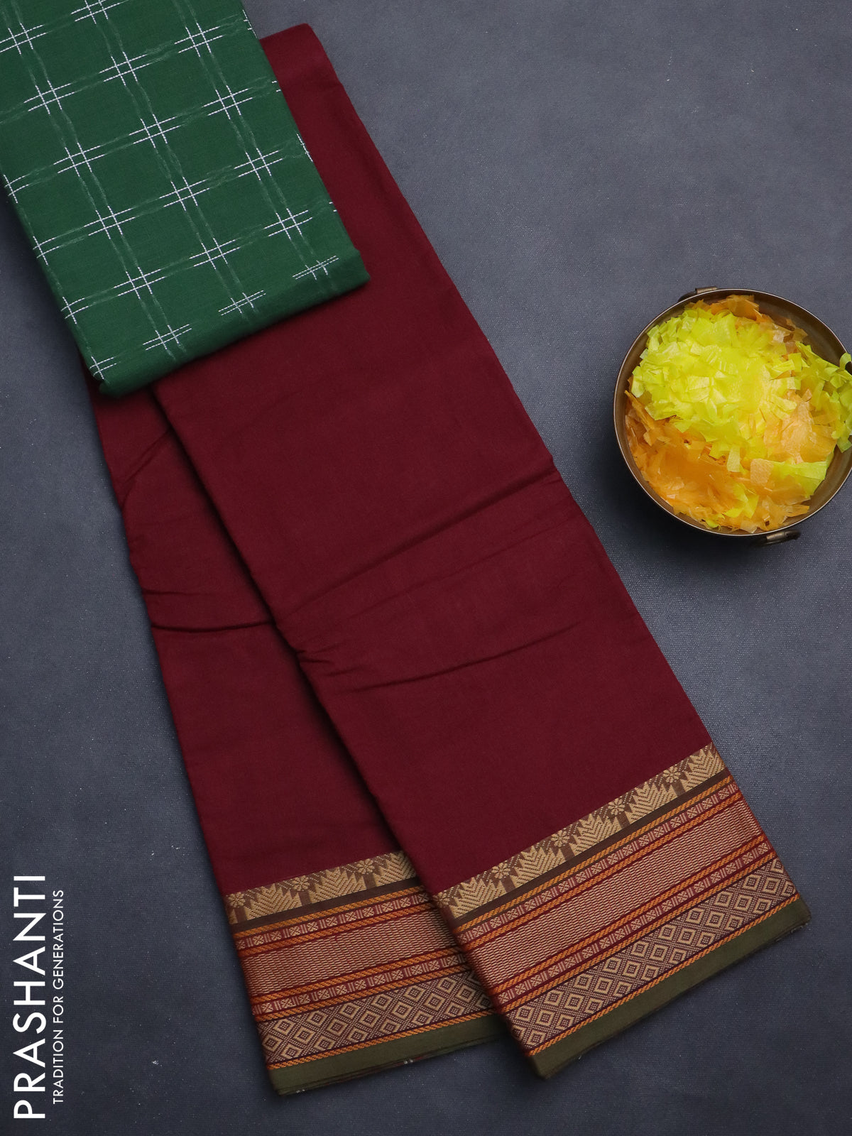 Chettinad cotton saree deep maroon and green with plain body and thread woven border
