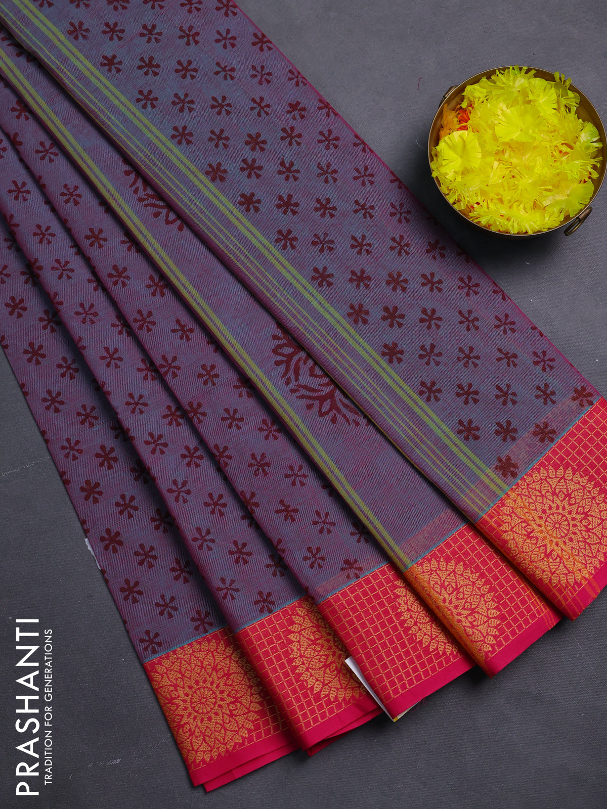 Chettinad cotton saree dual shade of bluish pink and pink with allover butta prints and thread woven border