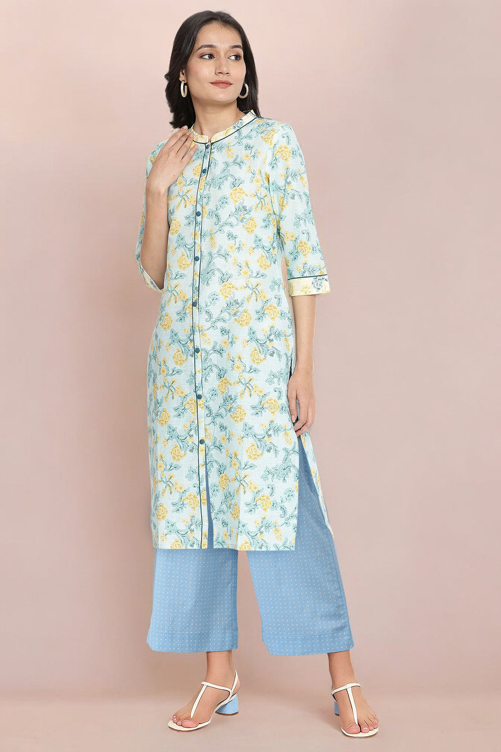 Blue Floral Printed Straight Kurta and Palazzo Set