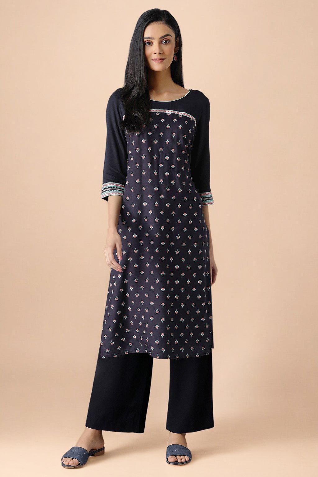 Black Floral Printed Straight Kurta and Palazzo Set