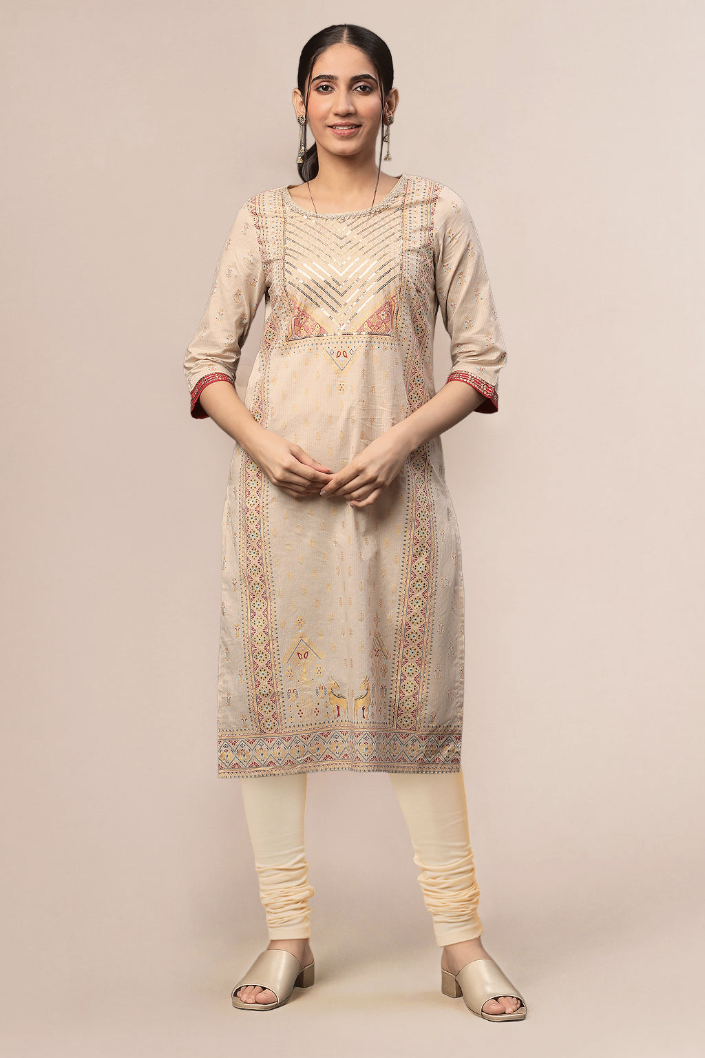 Beige Zari Pure Cotton Straight Kurta and Churidar Set