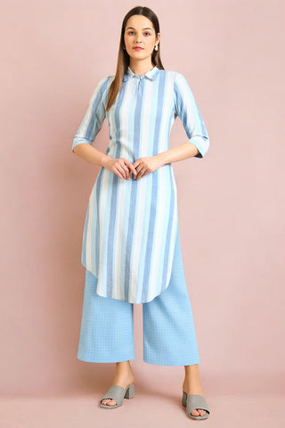 Blue Stripe Cotton Blend Straight Kurta and Palazzo Co-ord Set