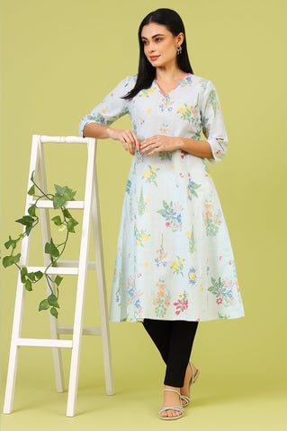 Blue Floral Printed Thread Embroidered Pure Cotton A-Line Kurta and Jegging Set