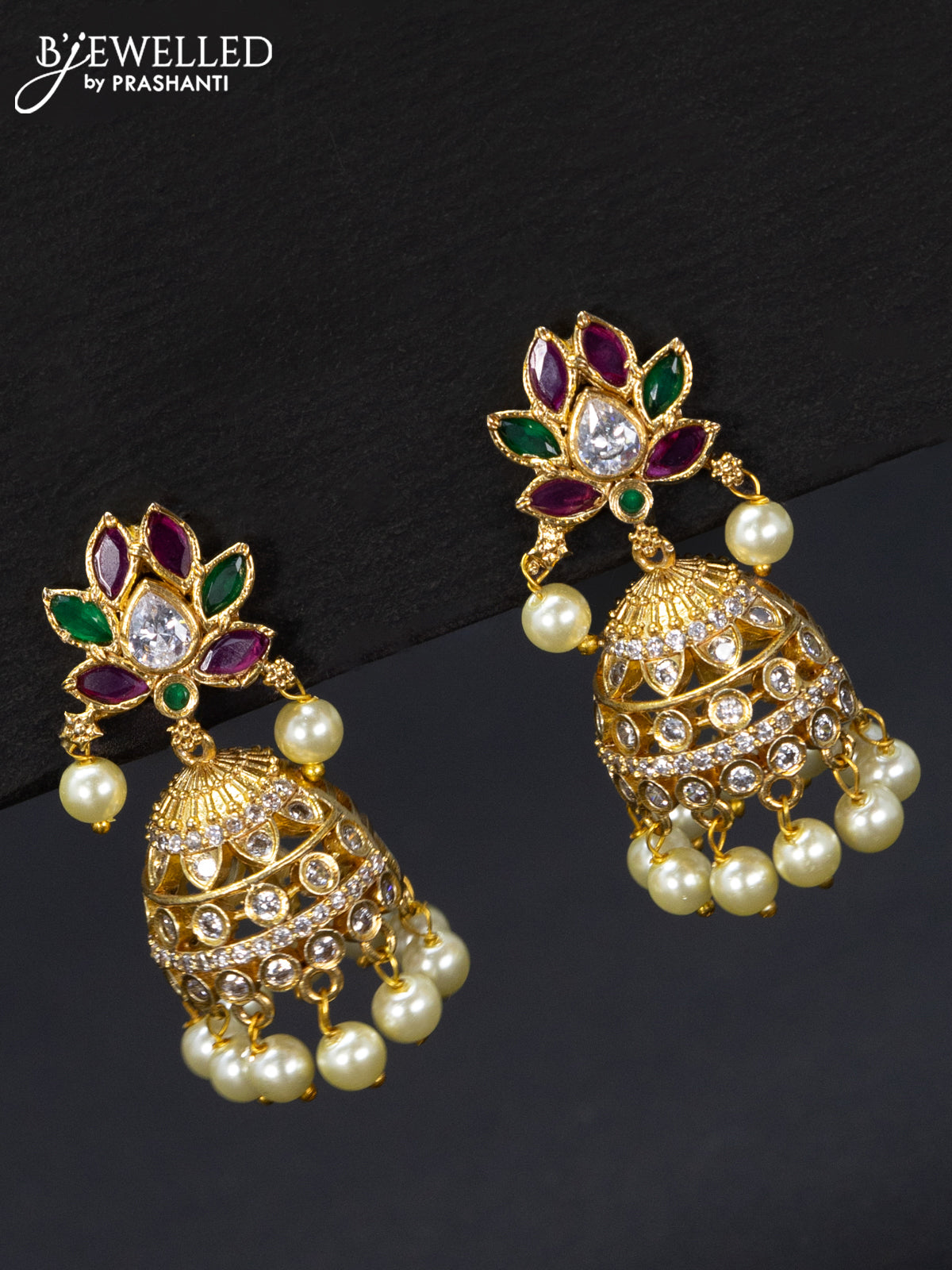 Antique jhumka with kemp & cz stones and pearl hangings