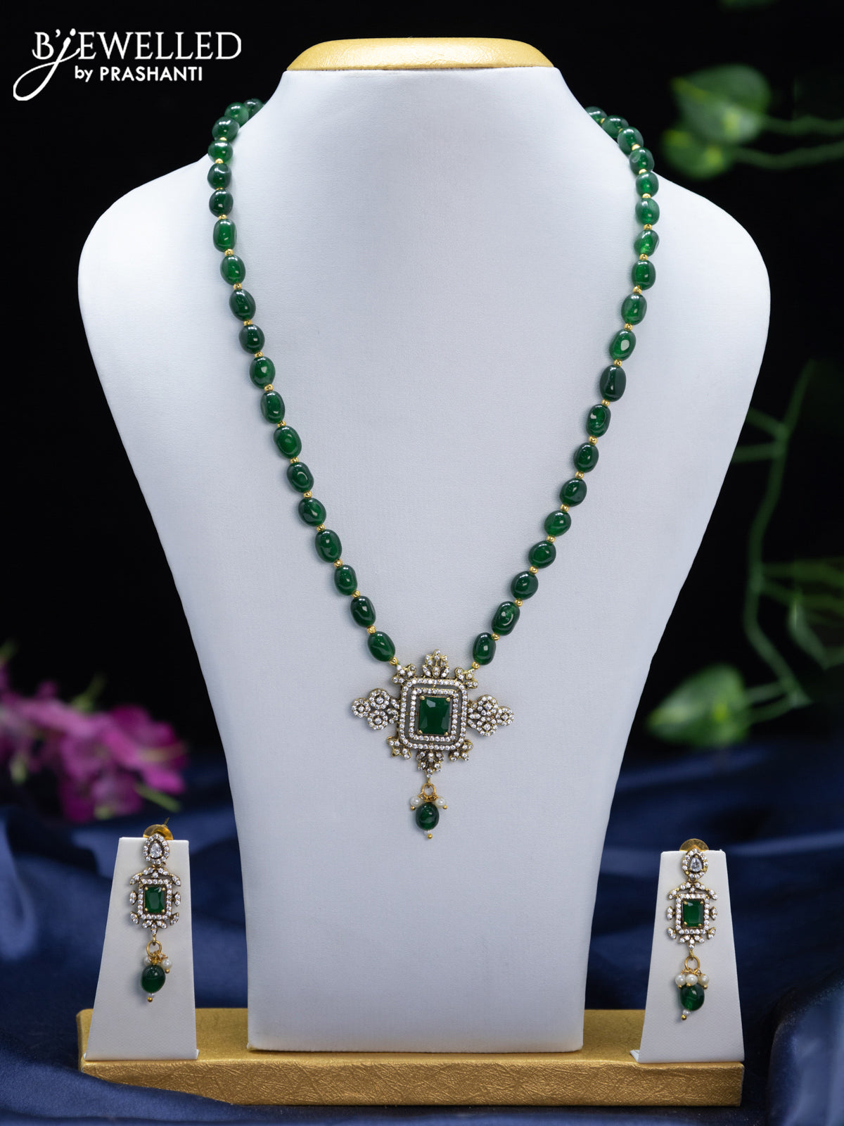 Beaded green necklace with emerald & cz stones and beads hangings in victorian finish