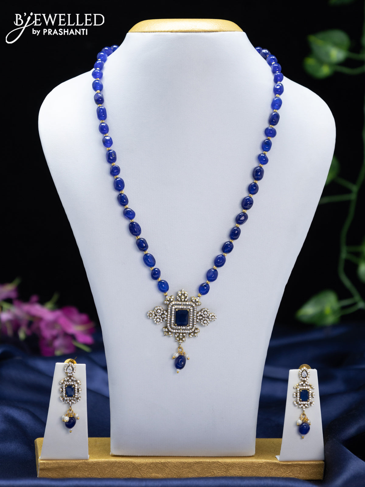 Beaded blue necklace with sapphire & cz stones and beads hangings in victorian finish