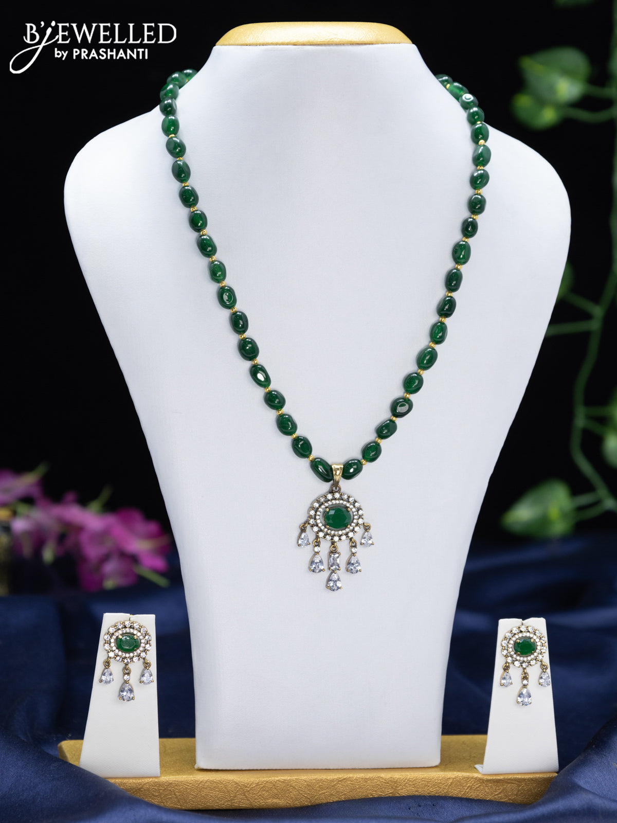 Beaded green necklace with emerald & cz stones and hangings in victorian finish