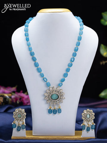 Beaded ice blue necklace floral design with mint green & cz stones and beads hangings in victorian finish