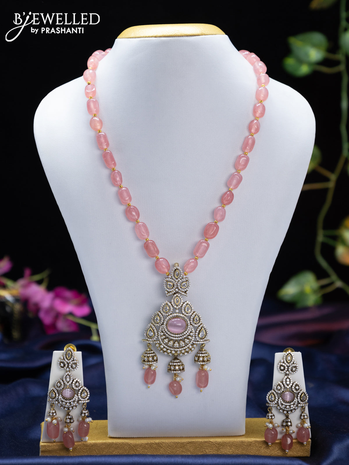 Beaded light pink necklace with baby pink & cz stones and beads hangings in victorian finish