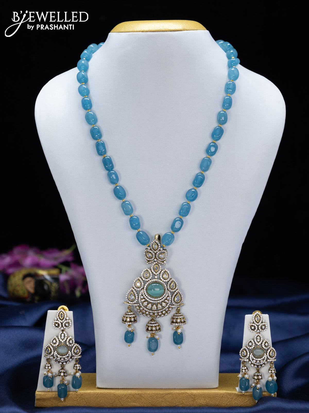 Beaded ice blue necklace with mint green & cz stones and beads hangings in victorian finish