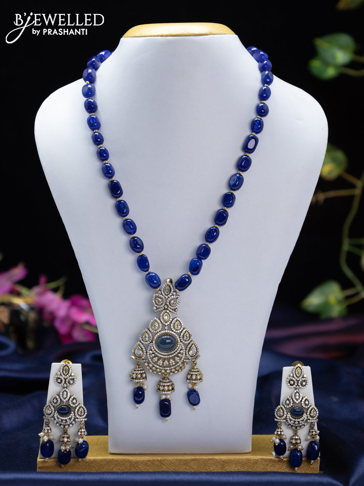 Beaded blue necklace with sapphire & cz stones and beads hangings in victorian finish
