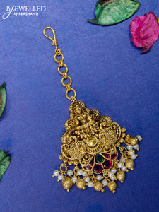 Antique maang tikka lakshmi & peacock design with kemp stones and golden beads hangings