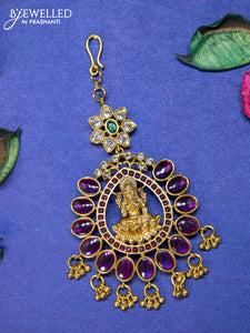 Antique maang tikka lakshmi design with kemp & cz stones and golden beads hangings