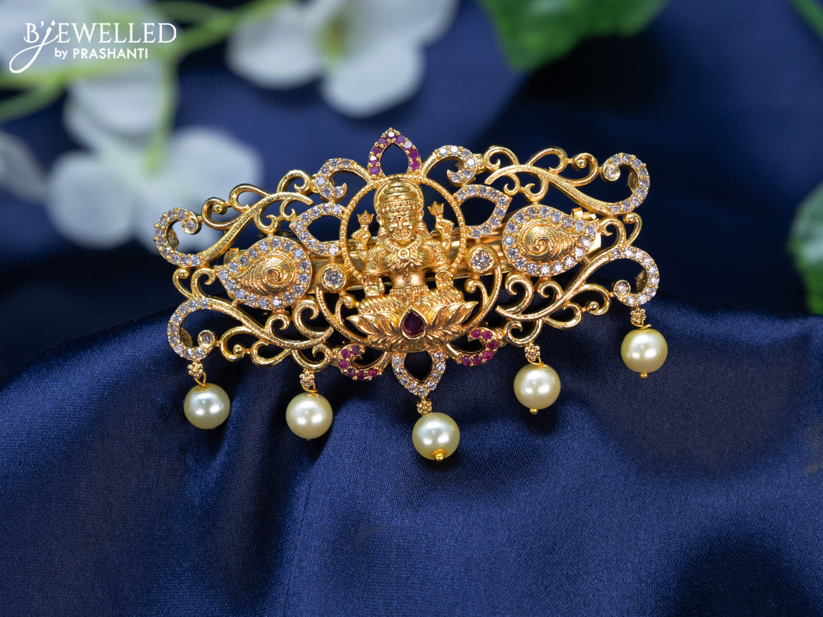 Antique Hair clip medium size lakshmi design with pink kemp & cz stones annd pearl hangings