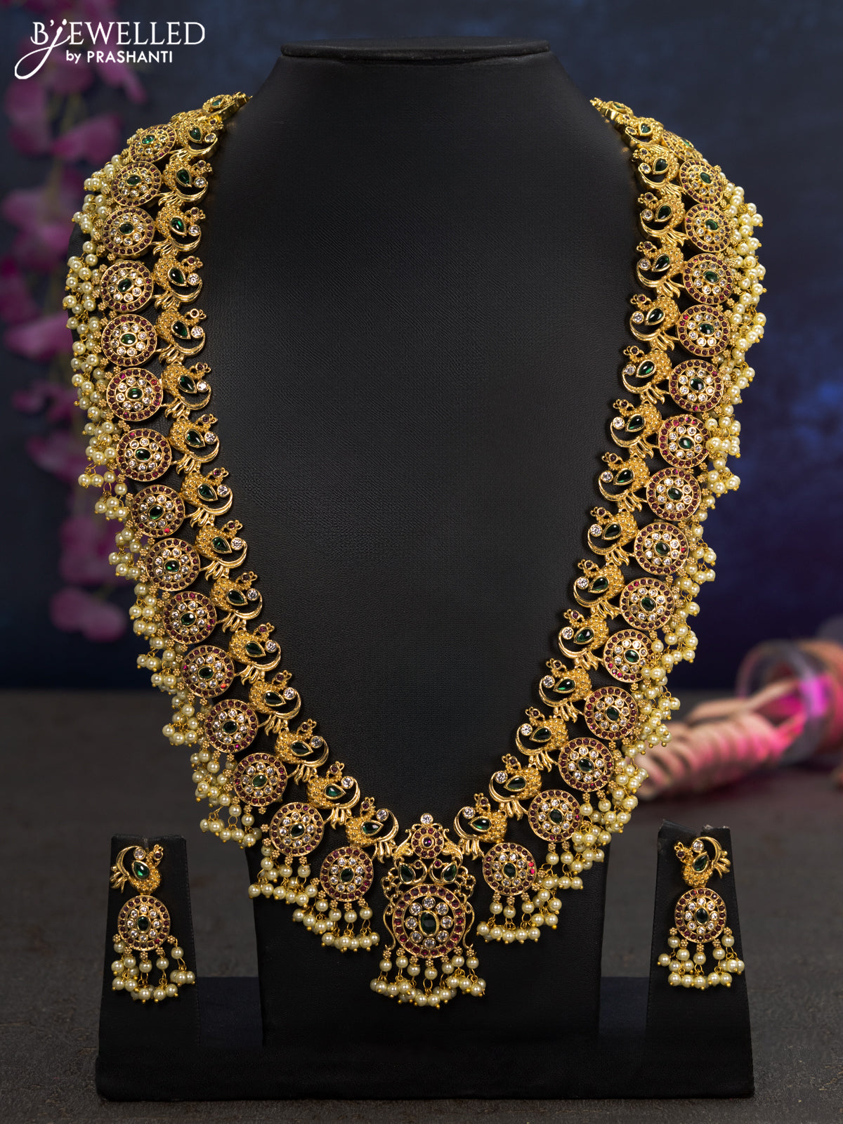 Antique guttapusalu haaram peacock design with kemp & cz stones and pearl hangings