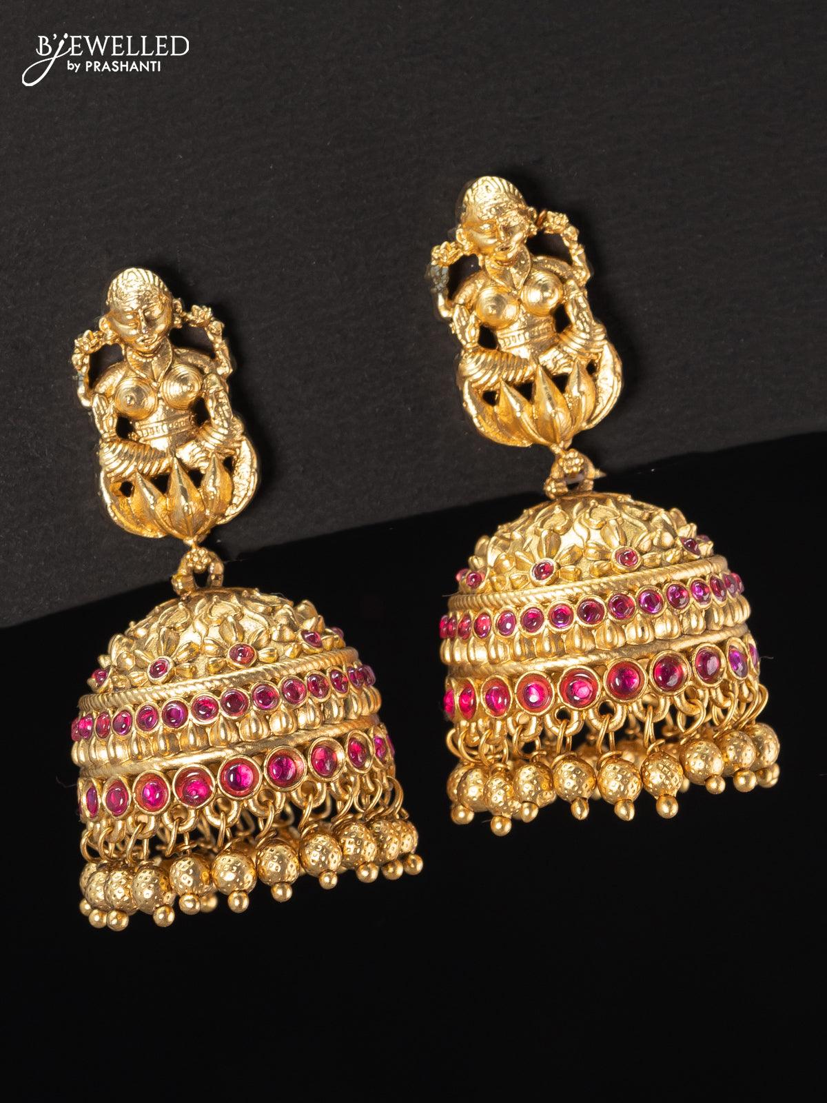 Antique jhumka lakshmi design with kemp stone and golden beads hangings