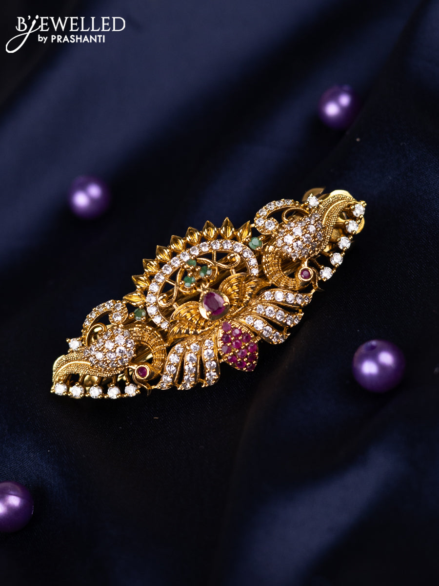 Antique hair clips medium size peacock design with kemp and cz stones