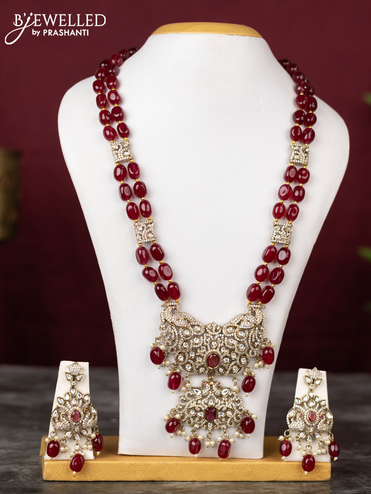 Beaded double layer maroon haram peacock design with ruby & kundan cz stones and pearl & beads hangings in victorian finish
