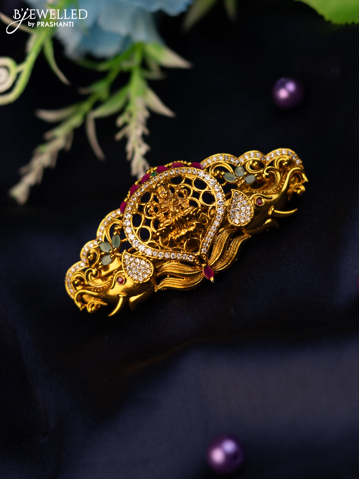 Antique hair clip medium size lakshmi design with kemp and cz stones