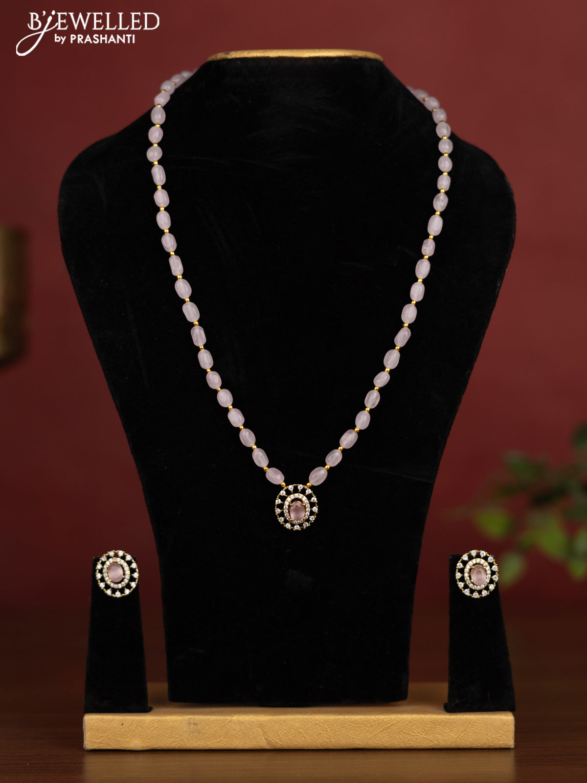 Beaded baby pink necklace with cz stones in victotrian finish