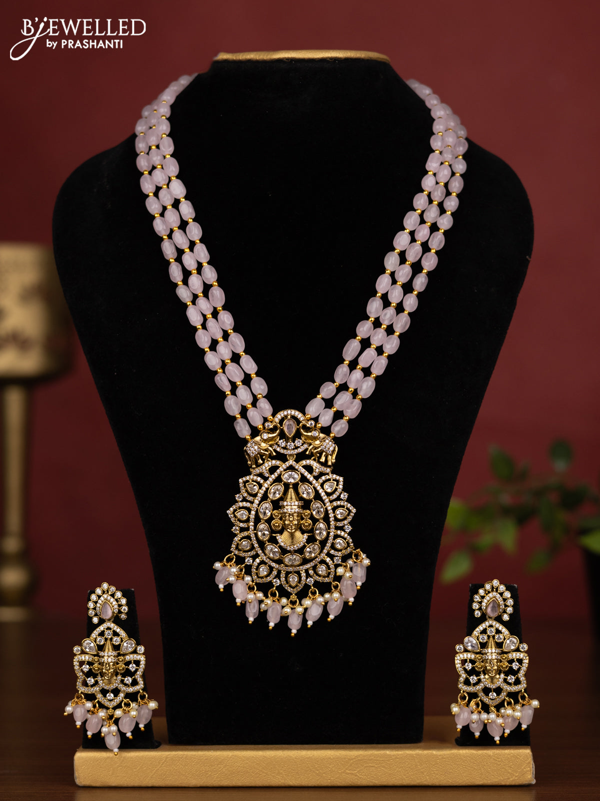 Beaded triple layer baby pink necklace tiruapti balaji pendant with cz stones and pearl & beads hanging in victorian finish