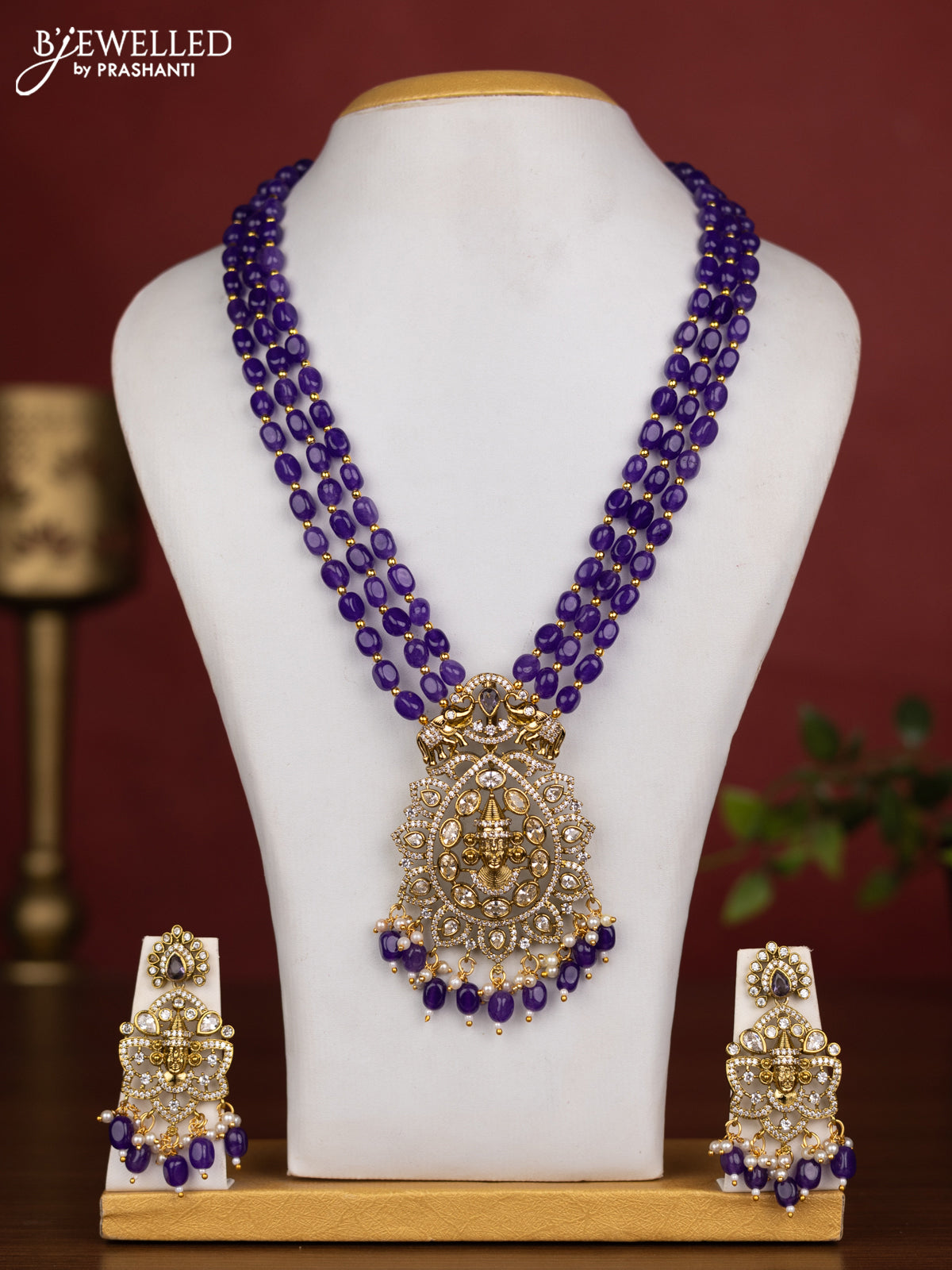 Beaded triple violet necklace tiruapti balaji pendant with cz stones and pearl & beads hanging in victorian finish