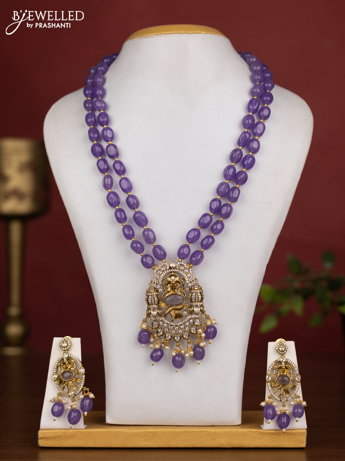 Beaded double layer violet necklace ganesha pendant with cz stones and pearl & beads hanging in victorian finish