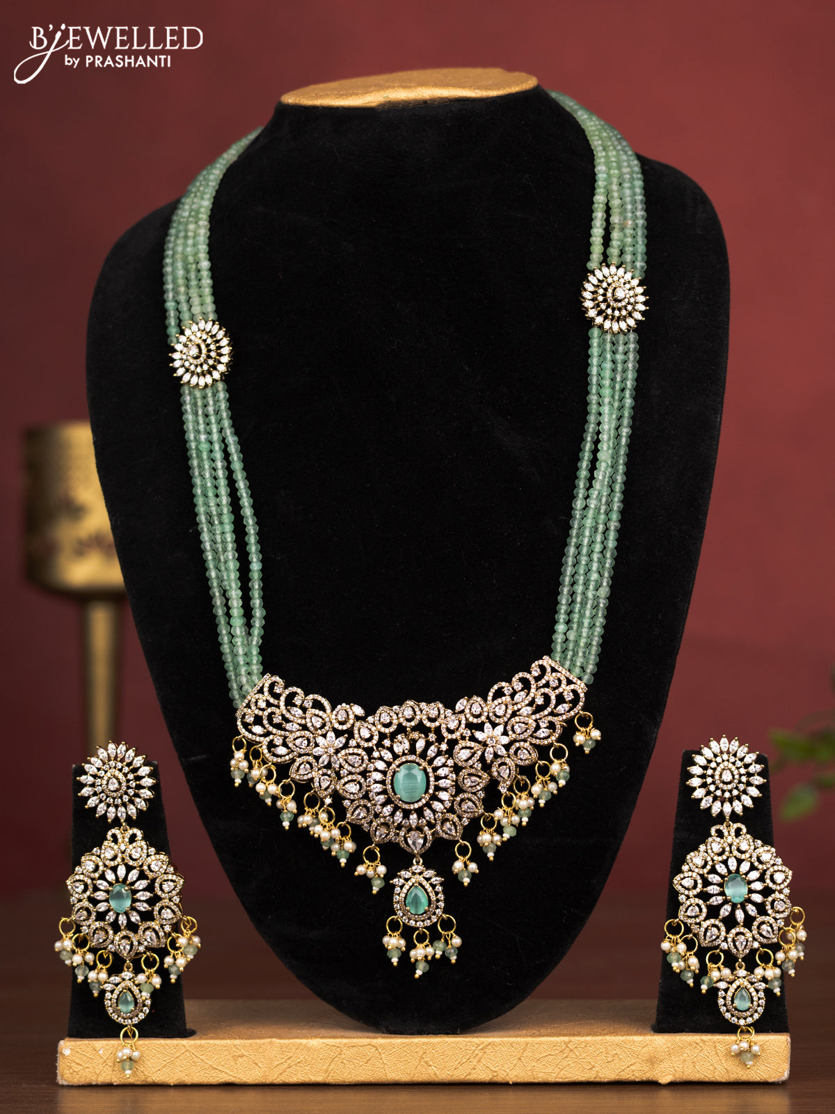 Beaded multilayer mint green haaram with cz stones and pearl & beads hanging in victorian finish