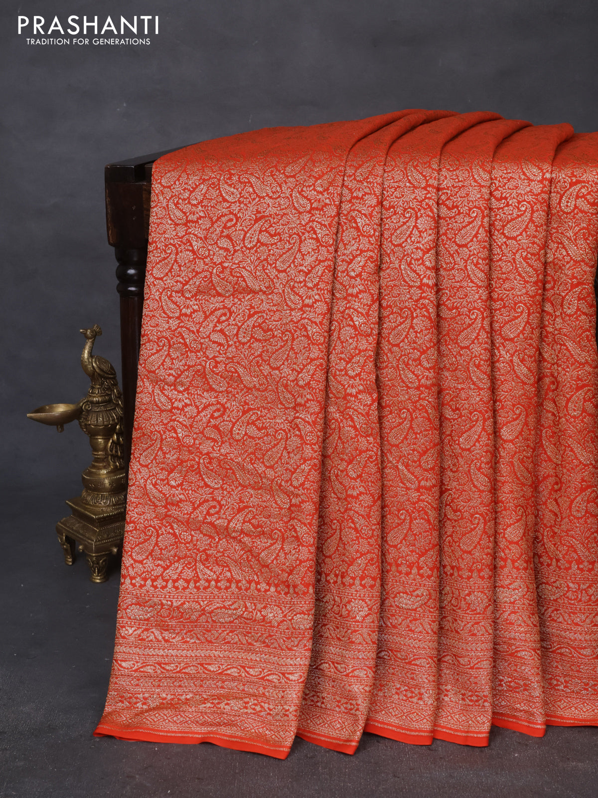 Banarasi crepe saree orange with allover thread & zari woven brocade weaves and woven border
