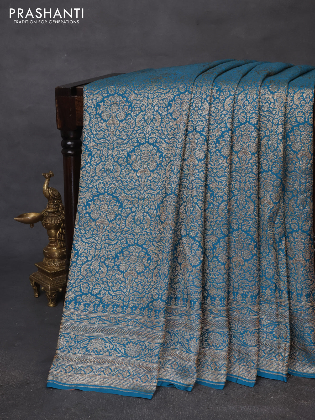 Banarasi crepe saree cs blue with allover thread & zari woven brocade weaves and woven border