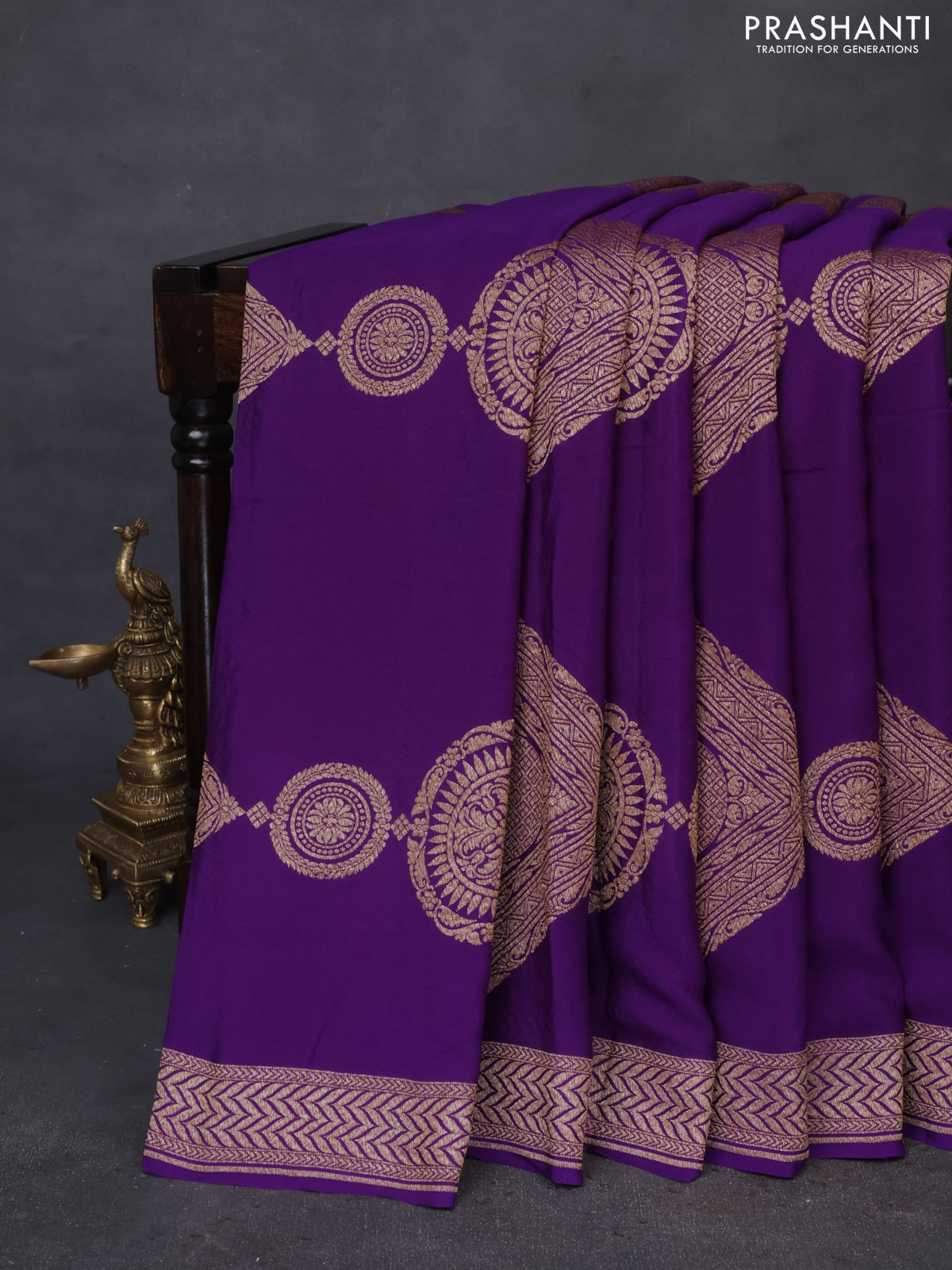 Banarasi crepe saree violet with thread & zari woven buttas and woven border
