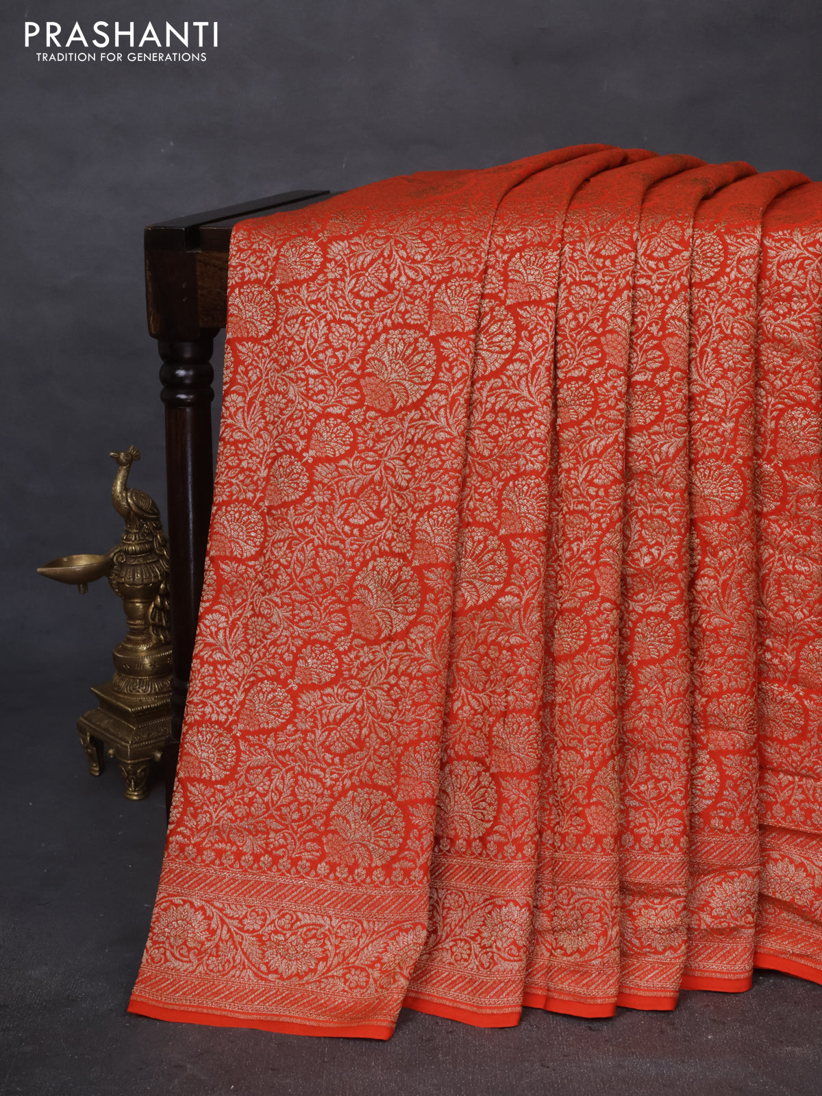 Banarasi crepe saree orange with allover thread & zari woven brocade weaves and woven border