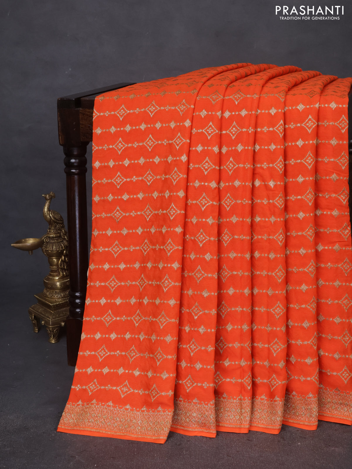 Banarasi crepe saree orange with allover thread & zari geometric weaves and woven border