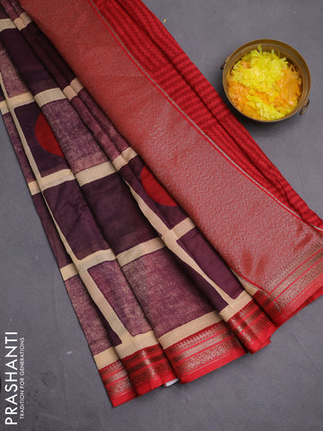 Chanderi silk cotton saree sandal jamun shade and red with allover geometric prints and banarasi style border