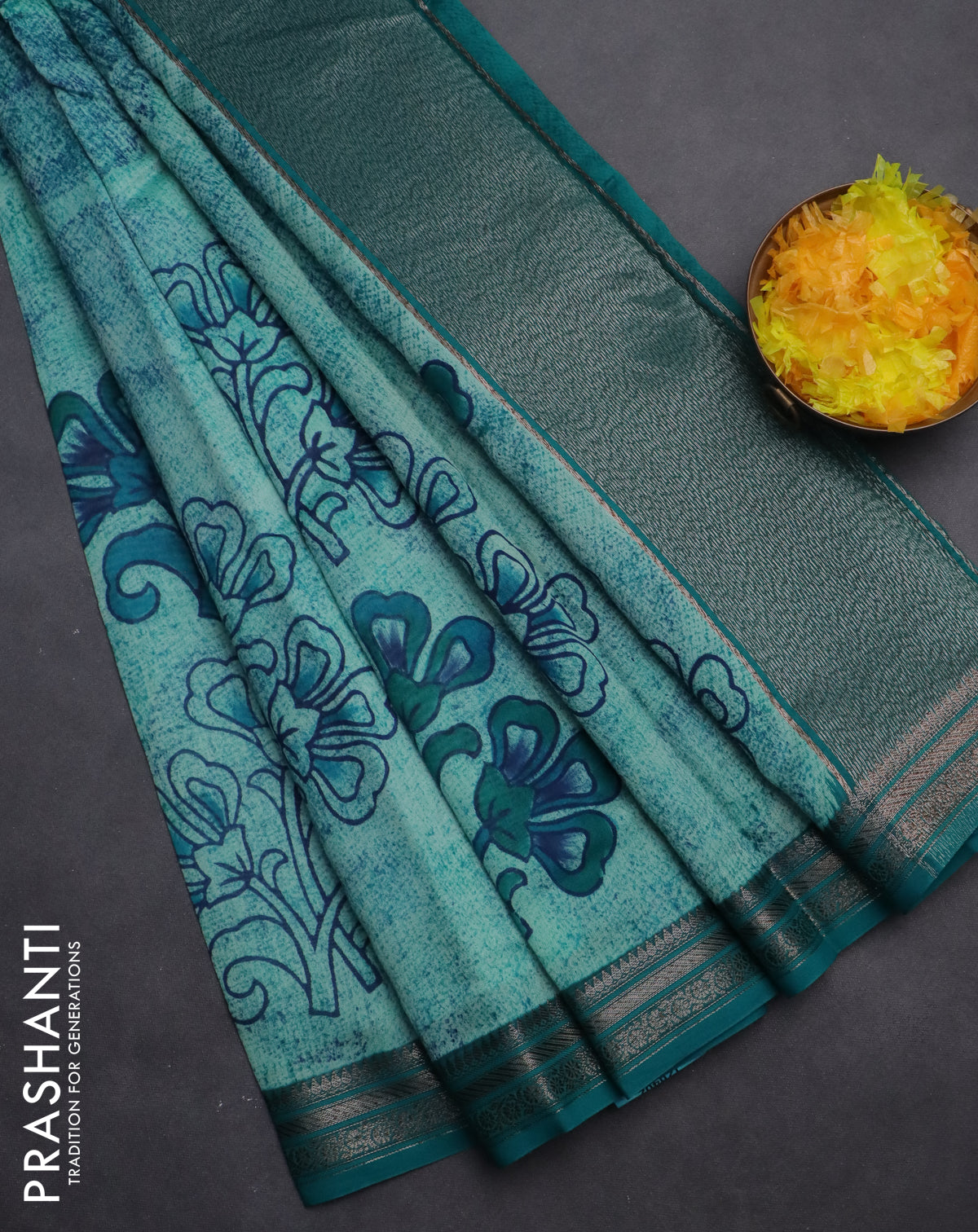 Chanderi silk cotton saree teal blue and teal green with allover prints and banarasi style border