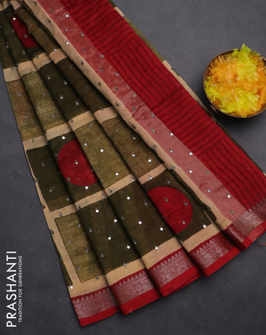 Chanderi silk cotton saree sap green sandal and kumkum red with allover geometric prints & mirror work and woven border