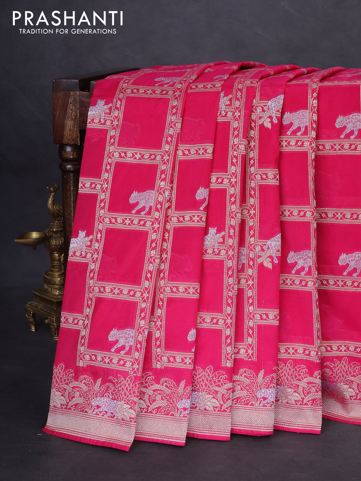 Banarasi semi katan silk saree pink with allover silver & gold zari weaves and zari woven border