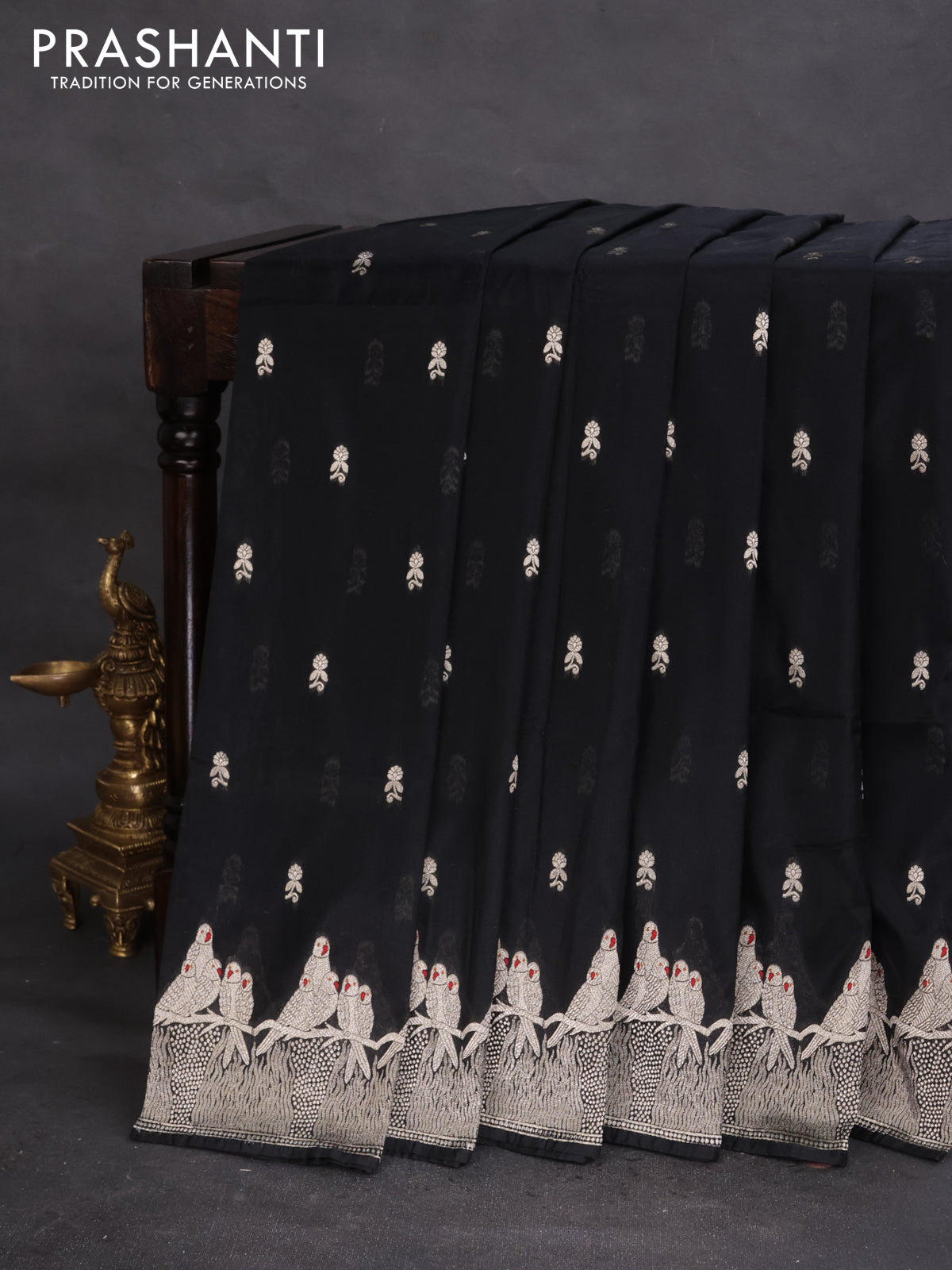 Banarasi semi katan silk saree black with allover zari woven buttas and parrot design zari woven border