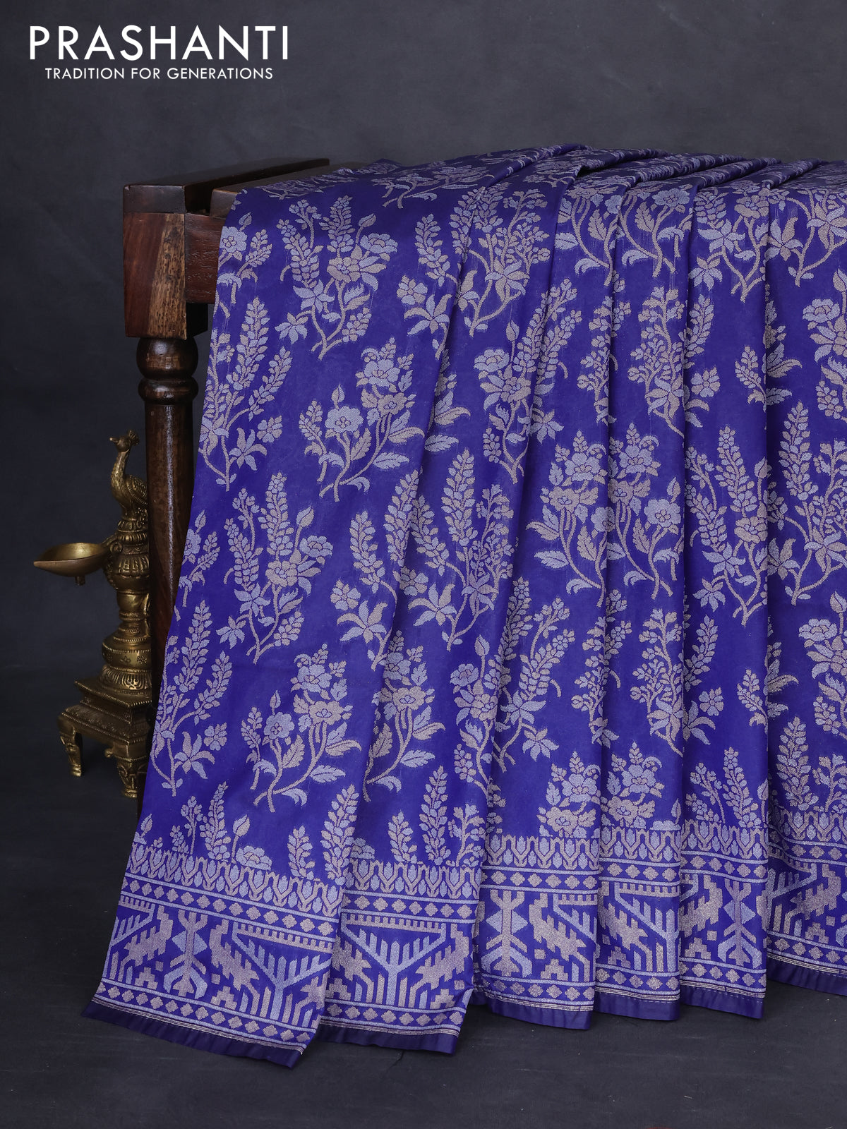 Banarasi semi katan silk saree blue with allover zari weaves and zari woven border