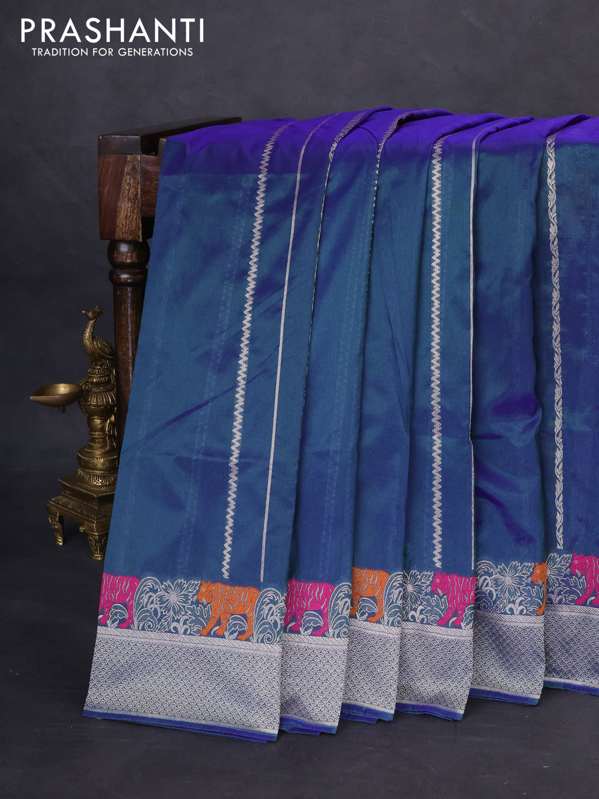 Banarasi semi katan silk saree dual shade of bluish green with allover zari weaves and rich zari woven border