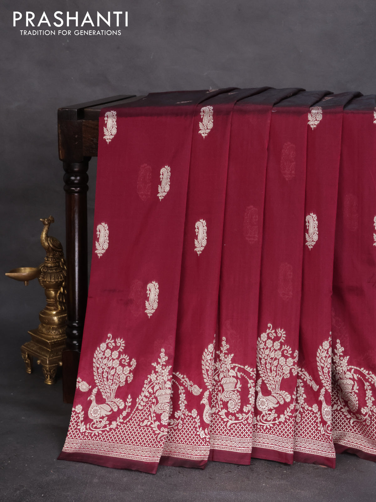 Banarasi semi katan silk saree maroon with zari woven buttas and rich zari woven border