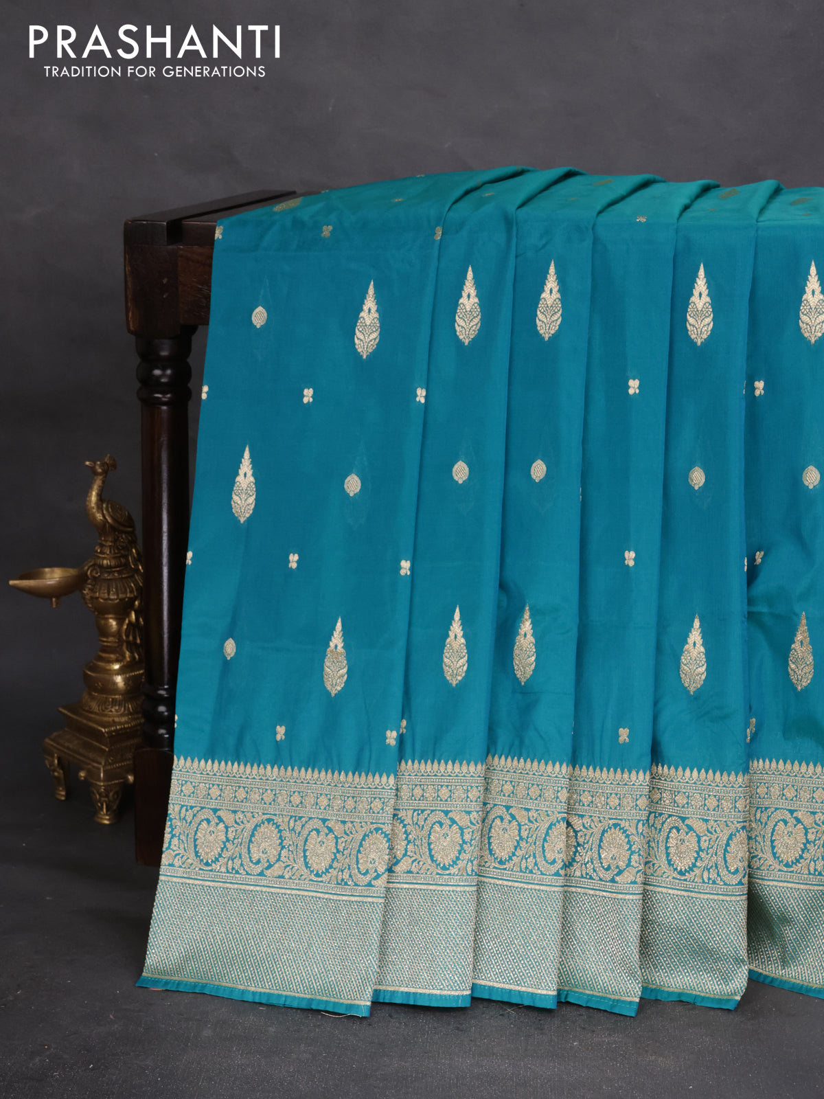 Banarasi semi katan silk saree dual shade of teal blue with zari woven buttas and rich zari woven border