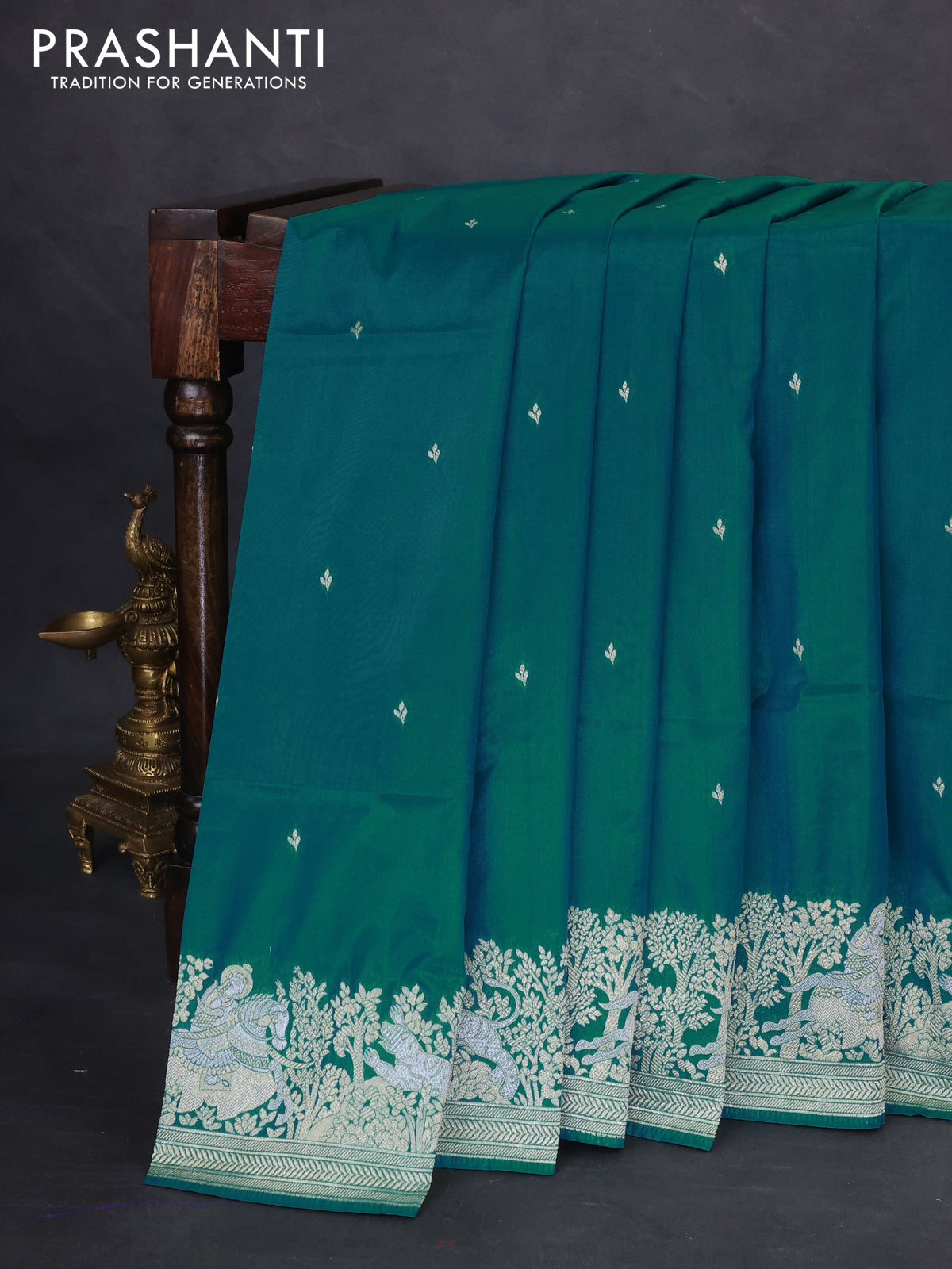 Banarasi semi katan silk saree teal green with silver zari woven buttas and rich zari woven border