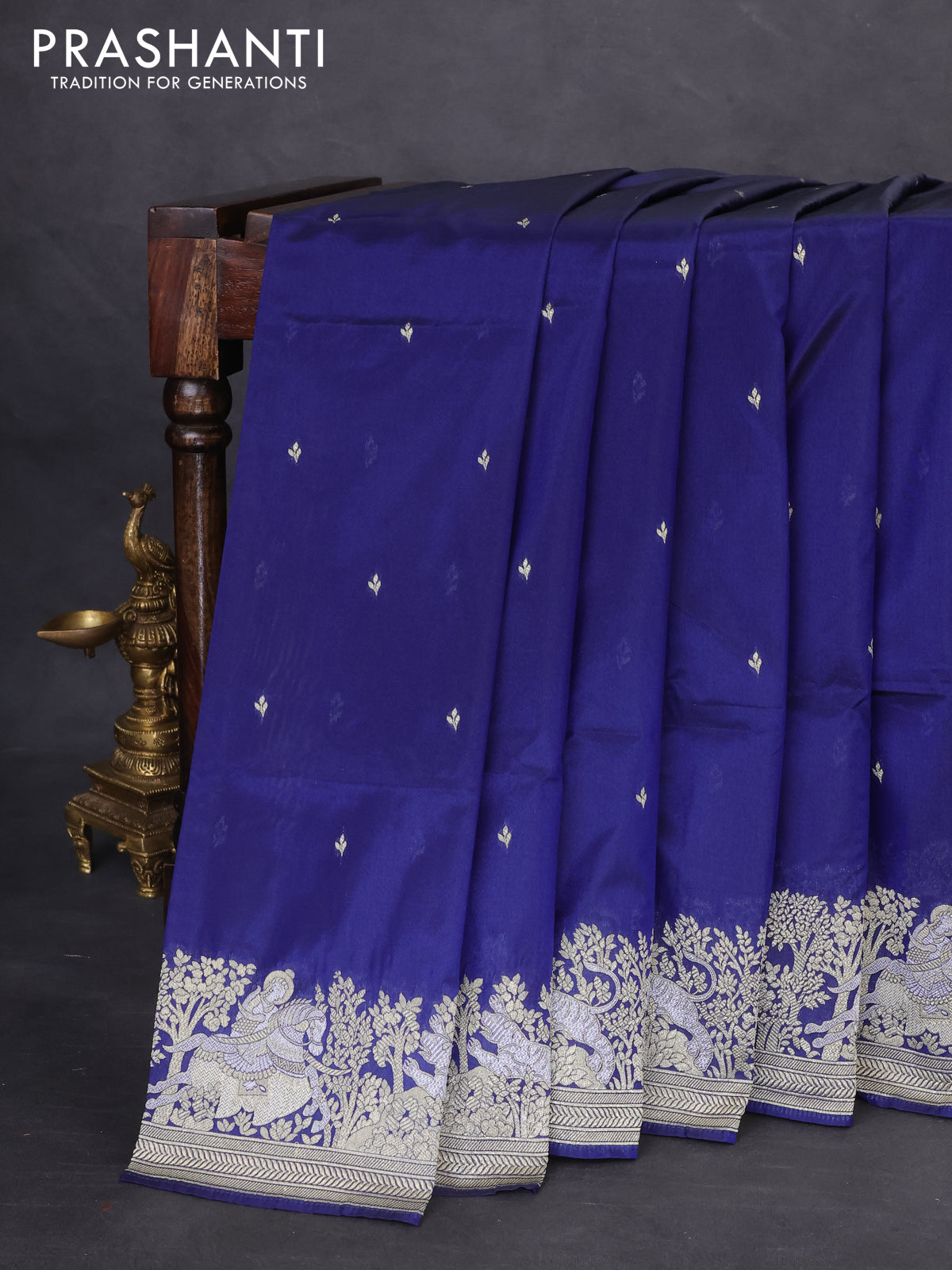 Banarasi semi katan silk saree dark blue with silver zari woven buttas and rich zari woven border
