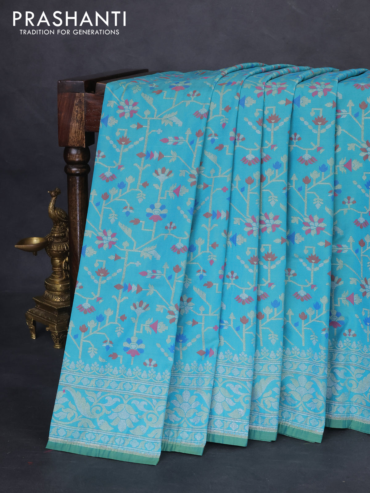Banarasi semi katan silk saree teal blue shade with allover jamdhani weaves and rich zari woven border